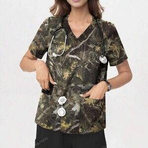 Medical SCRUB TOP V-Neck camo Green Size Large